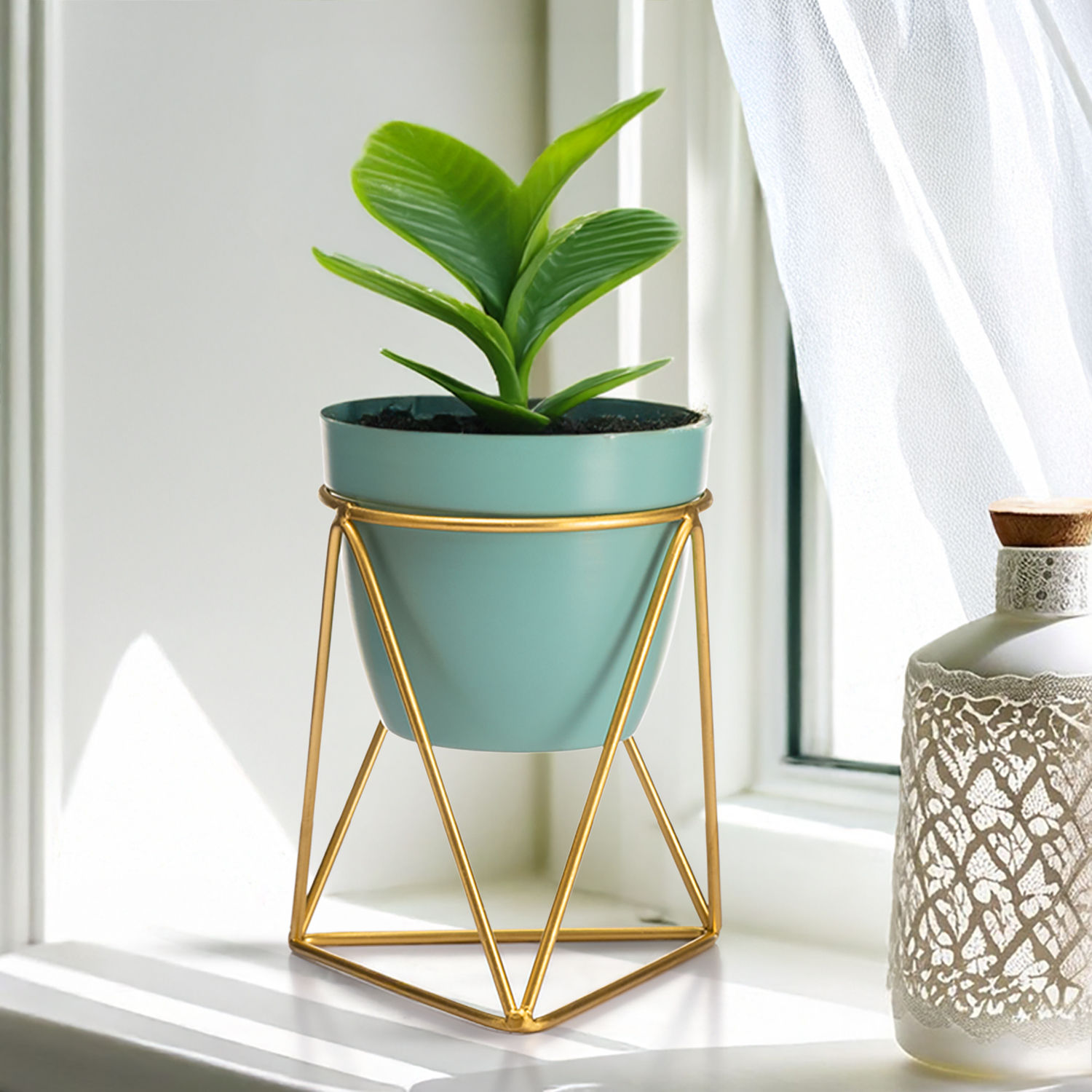 Table Top Metal Flower Pot | Indoor Planter With Stand | Elegant Blue | Claymore