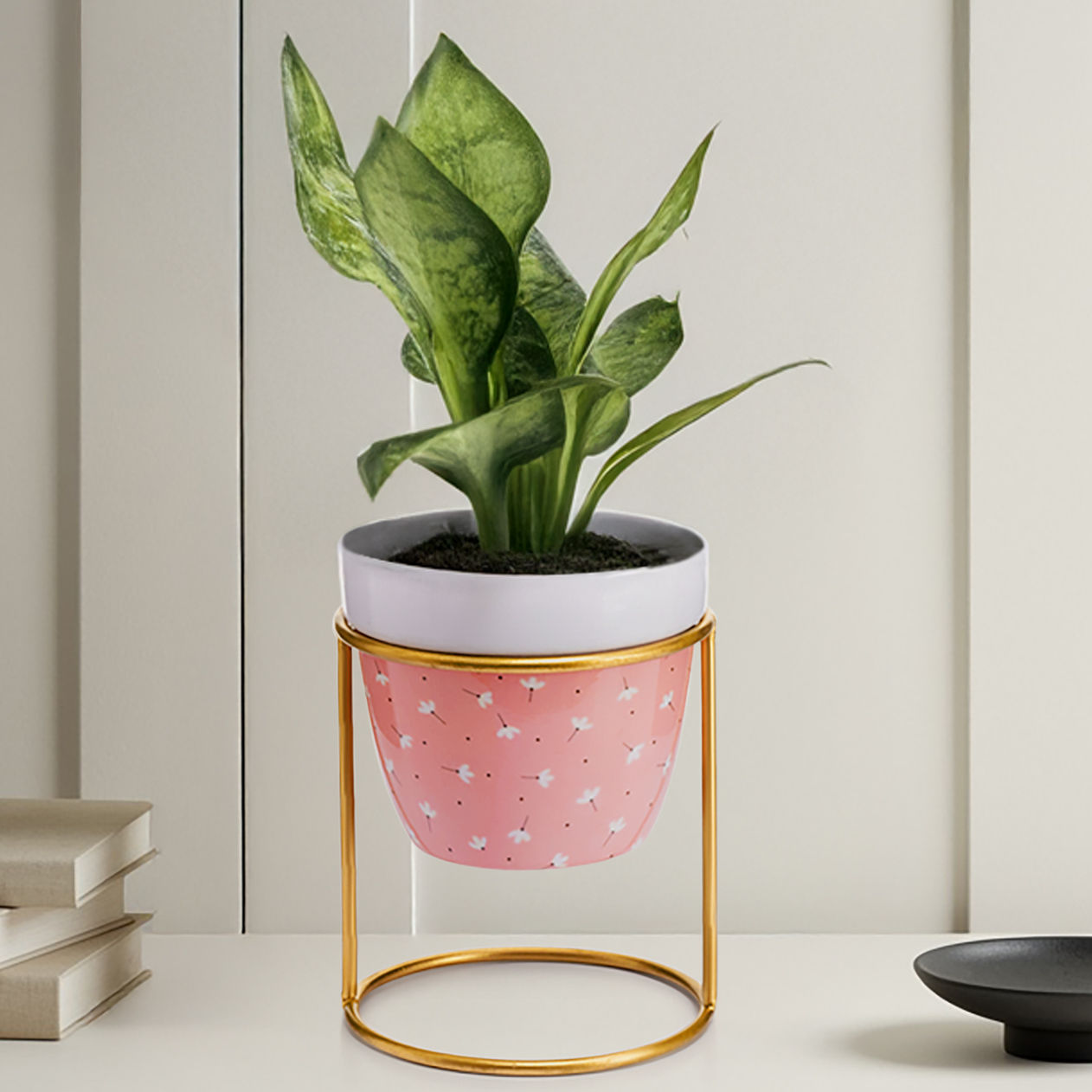 Metal Table Top Flower Pot with Stand | Indoor & Outdoor Planter | Pink Floral | Verdure