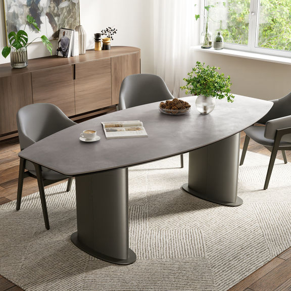 Crosne Dining Table - Cement Grey - 6 Seater I Marble Finish I Vitrified Tile Top I Cement Grey