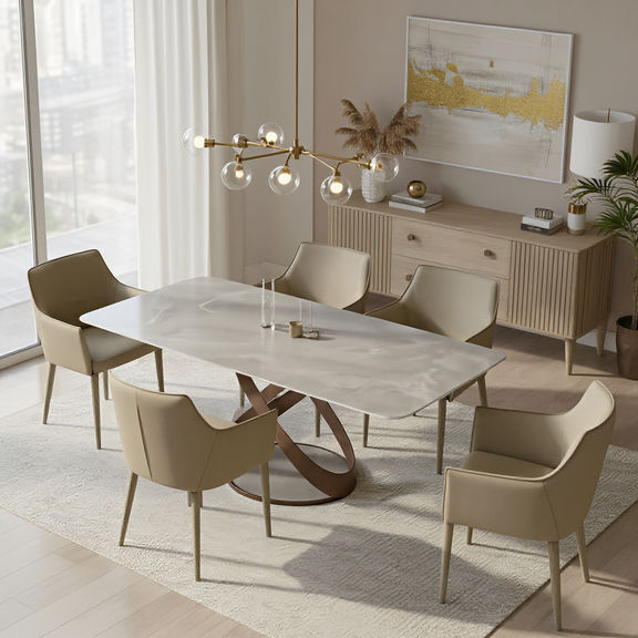 Mochi 6 Seater Dining Set - Omani Grey & Leth Beige