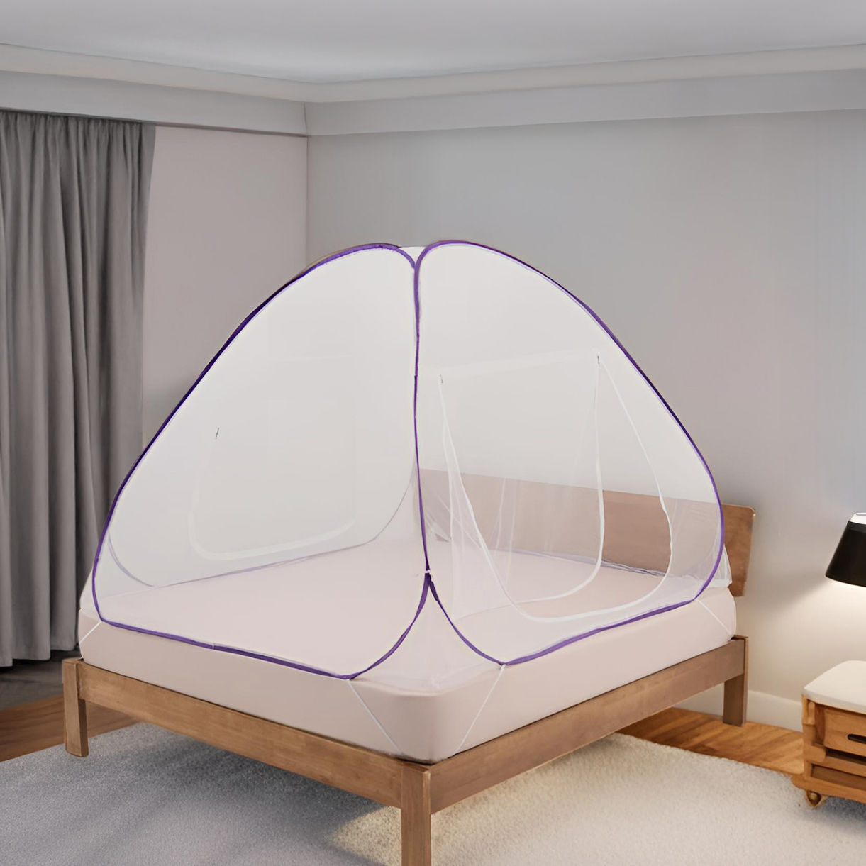 Mosquito Net for Double Bed | King Size Foldable Machardani | Lightweight & Breathable | Polyester 30GSM Strong Net | PVC Coated Corrosion Resistant Steel Wire - Purple