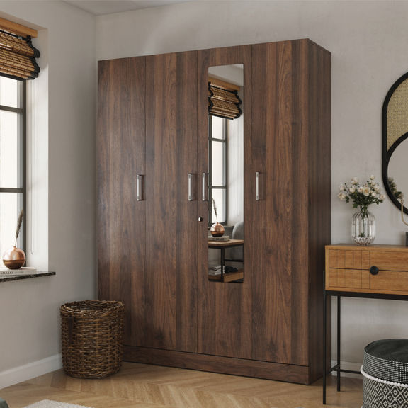Gingham 4 Door Wardrobe with Drawer, Mirror and 1 Hanging Space (Columbia Walnut)