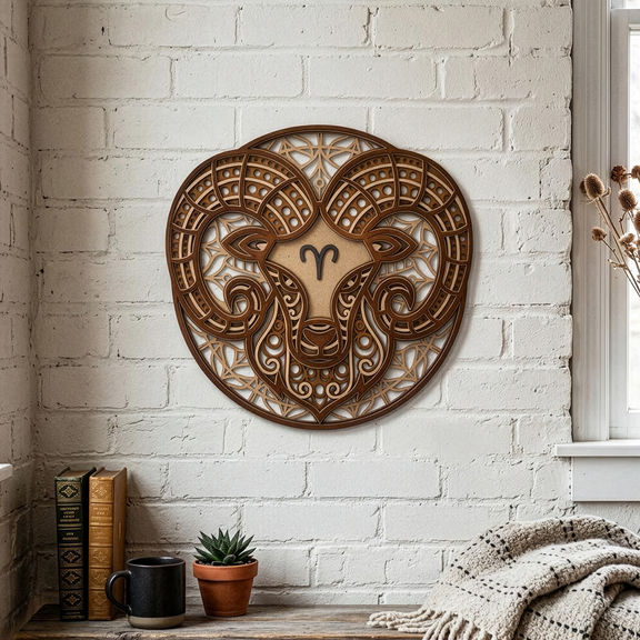 Mandala Wall Art | 20 Inch | Aries Zodiac Sign | Laser Cut Aesthetic Home Decor & Gifting Option | For Living Room, Study, Bedroom & Office Decor | Arion Wall Art