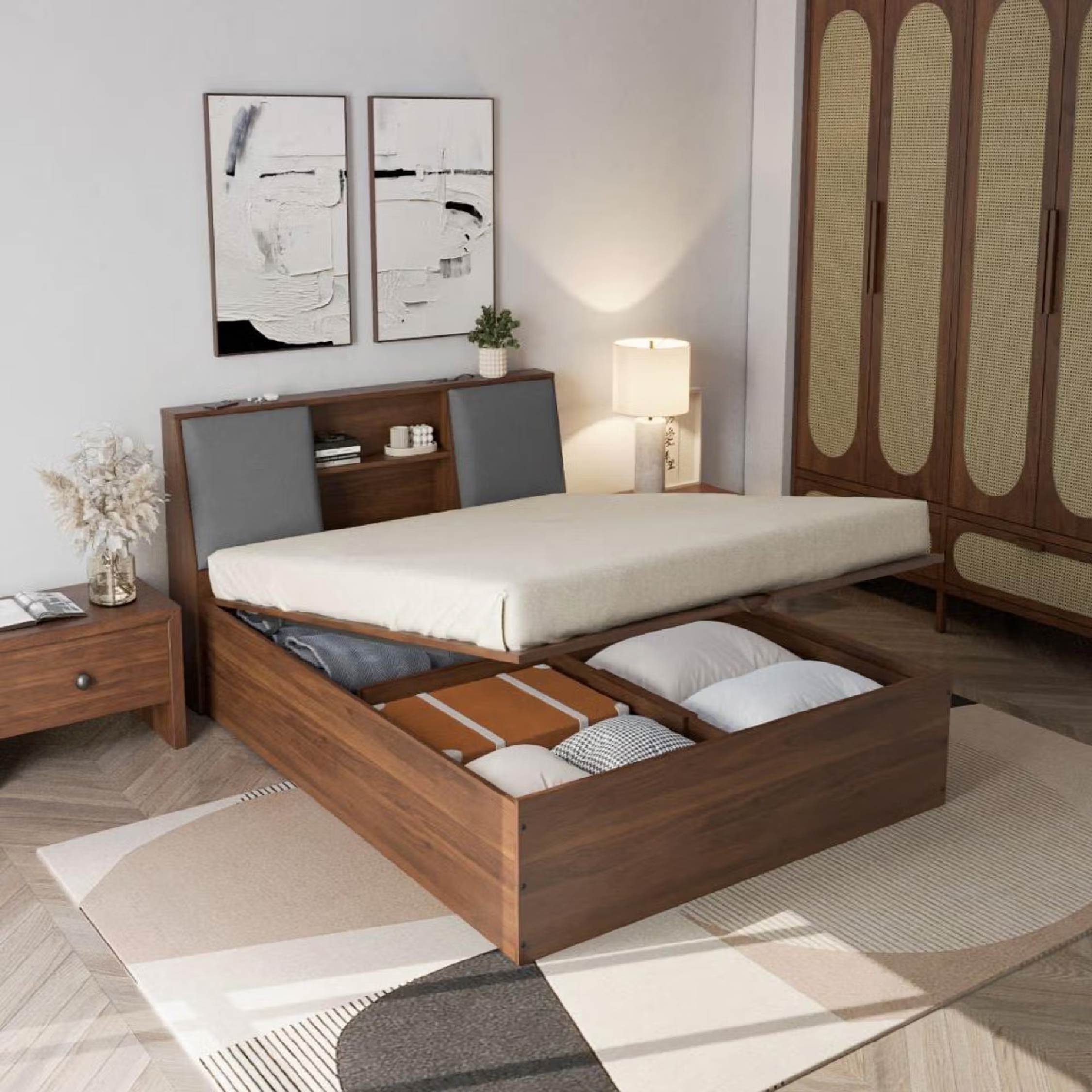 Wakefit Orion Omega Grey Upholstered Storage Queen Bed With Hydraulic Mechanism