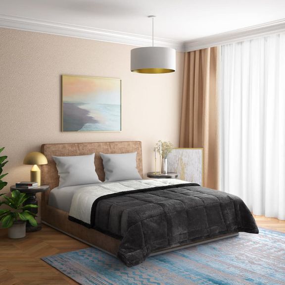 Luxurious Sherpa Blanket | Single(84x60 Inch) | 220 GSM | Micromink Polyester & White Faux Sherpa Fleece | Siliconised Microfiber Filling | Charcoal Grey