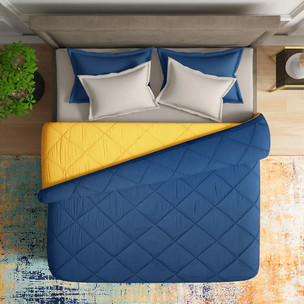 Luxurious Comforter | Single Bed (90x60 Inch) | Micro Peach Finished Fabric | 220 GSM | Siliconised Microfiber Filling | All Season & Reversible | Teal & Yellow