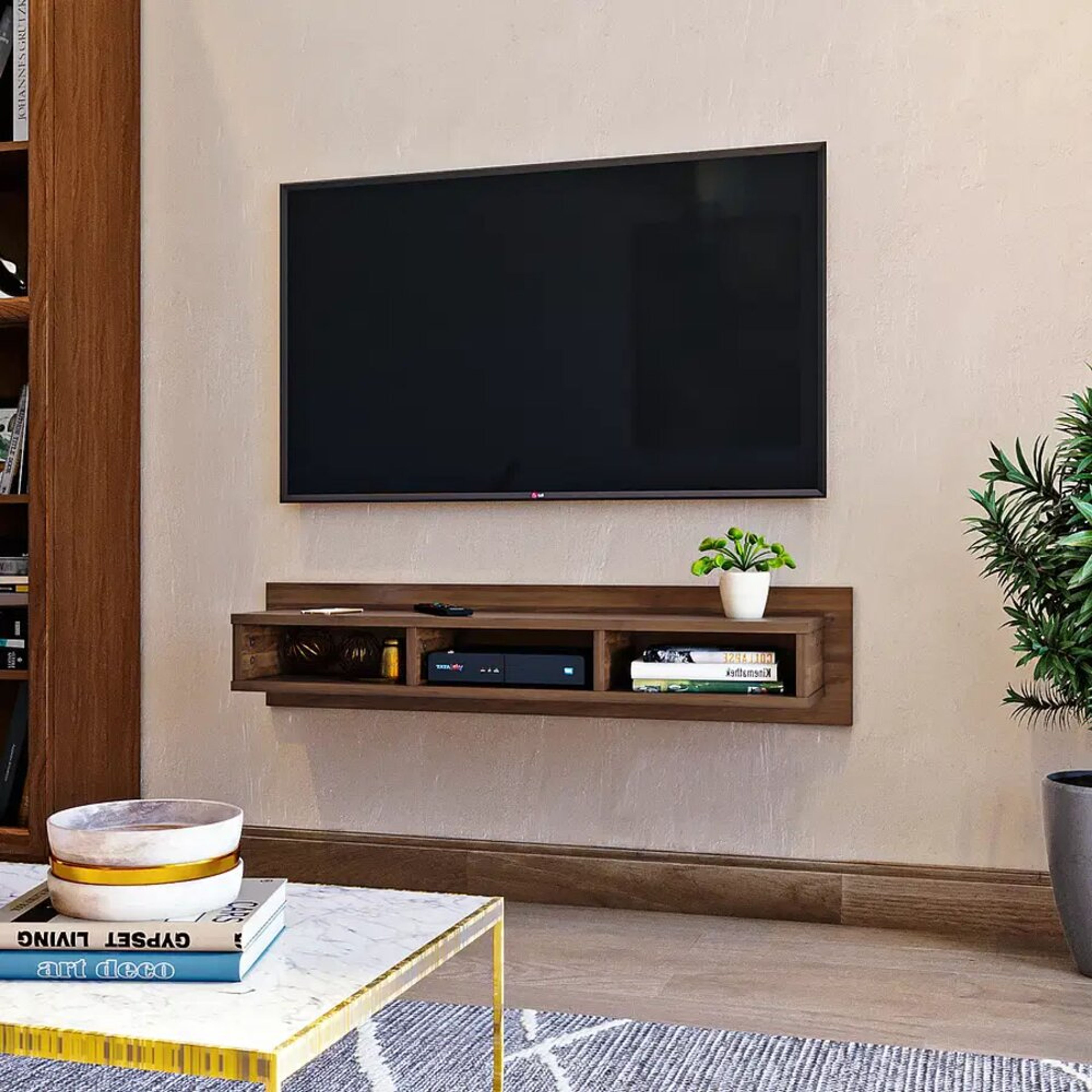 Wooden TV unit with central closed storage.
