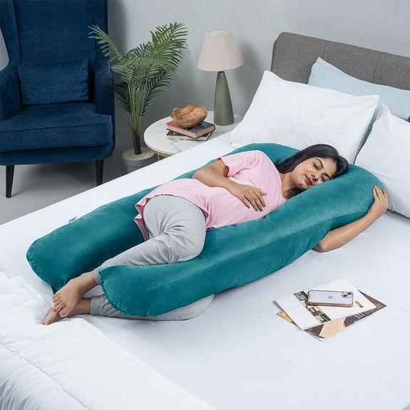 Maternity Pillow for Pregnancy Support | U Shape | Super Soft & Machine Washable Velvet Cover | Peacock Green