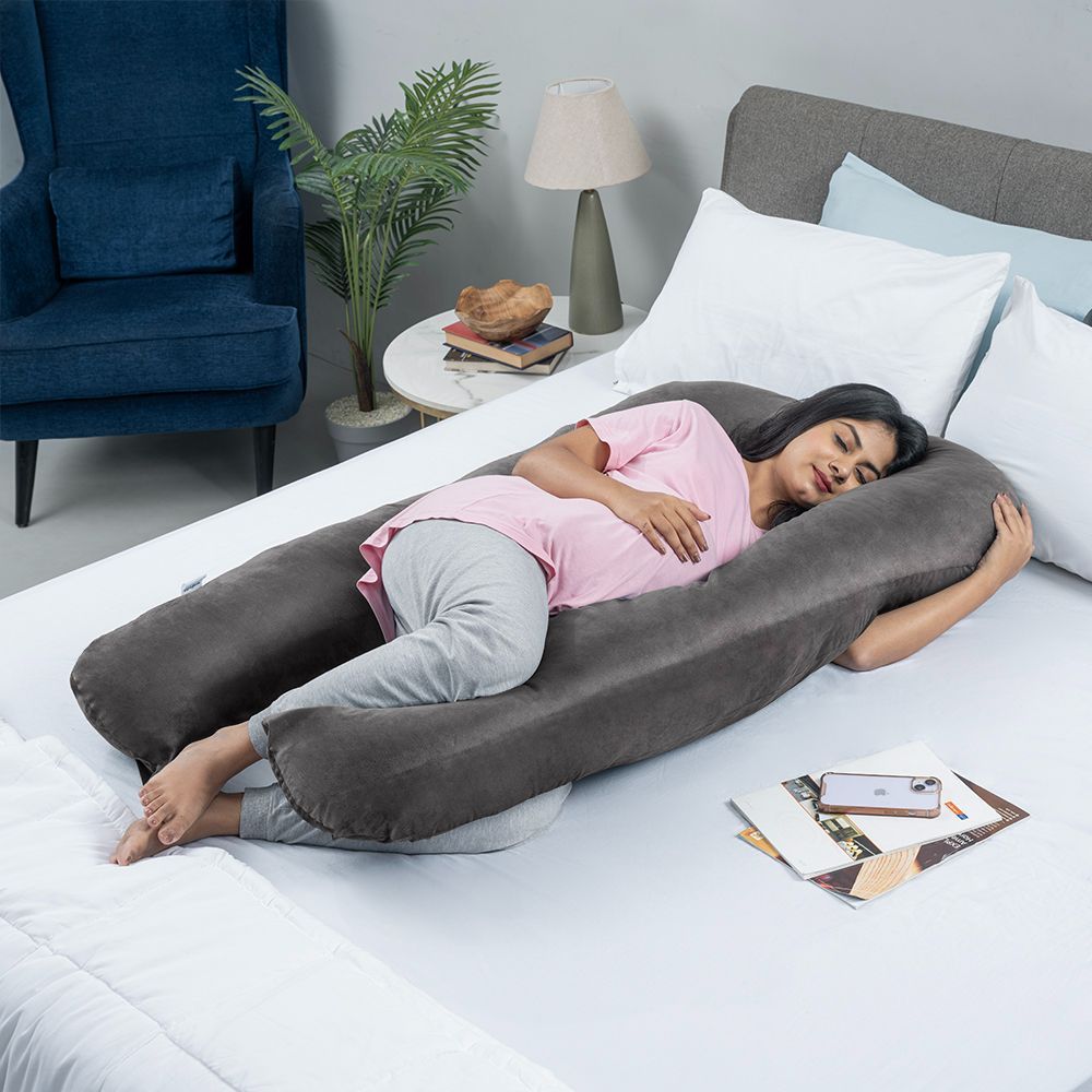 Maternity Pillow for Pregnancy Support | U Shape | Super Soft & Machine Washable Velvet Cover | Charcoal Grey