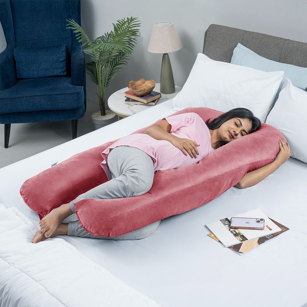 Maternity Pillow for Pregnancy Support | U Shape | Super Soft & Machine Washable Velvet Cover | Pink