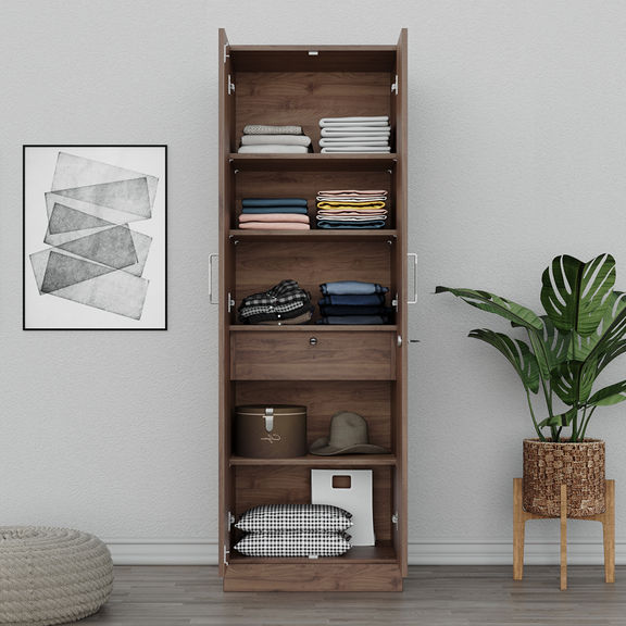 Twill 2 Door Compact Wardrobe with 1 Internal drawer | Without Mirror| No Hanging Area| (Columbia Walnut)