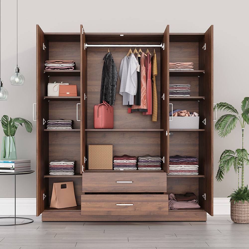 Organza Plus 4 Door Wardrobe with Drawer and 1 Hanging Space (Columbia Walnut)