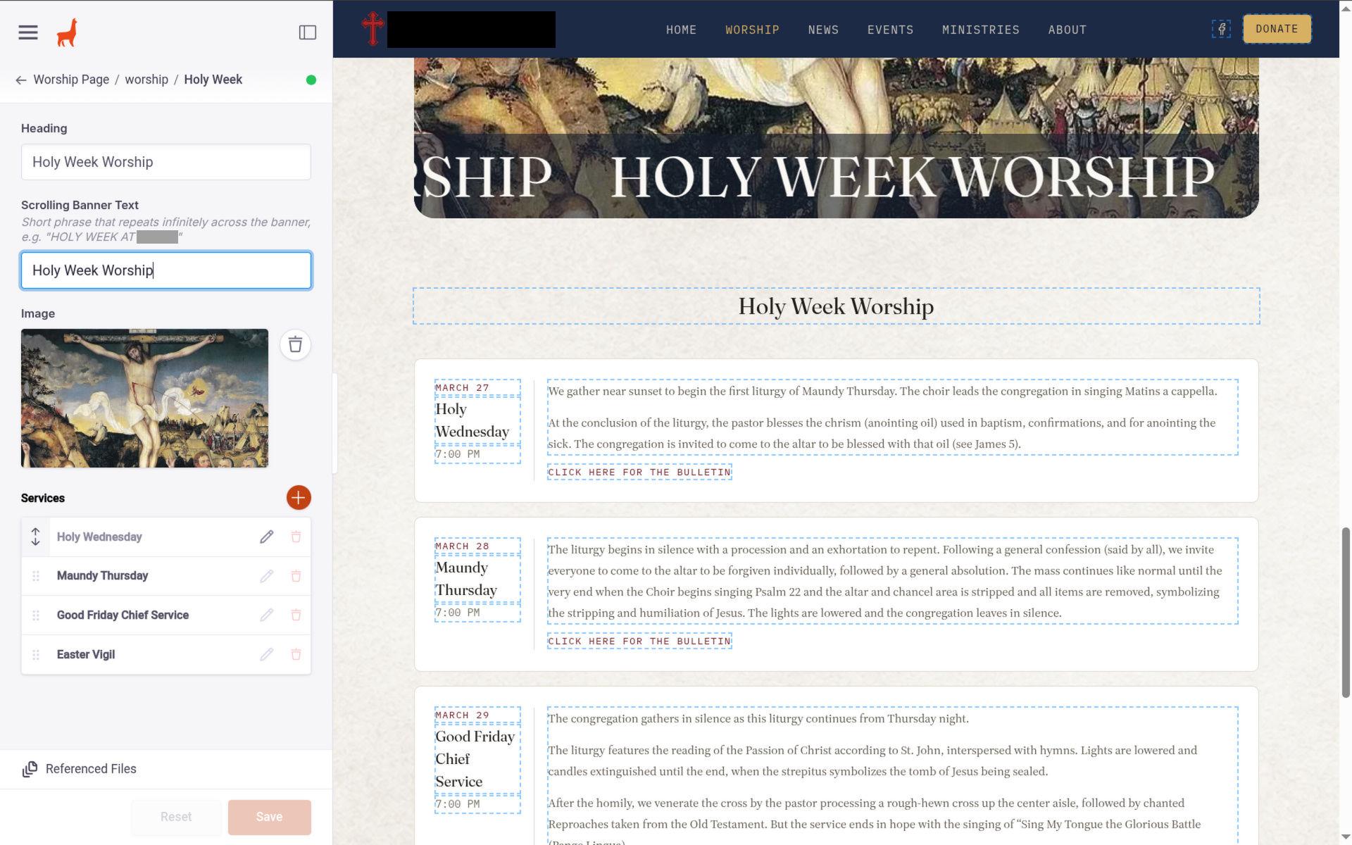 CMS Panel on Worship page showing the Holy Week section