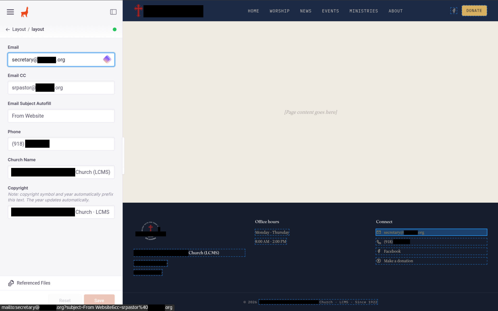 CMS panel showing website layout (header and footer)