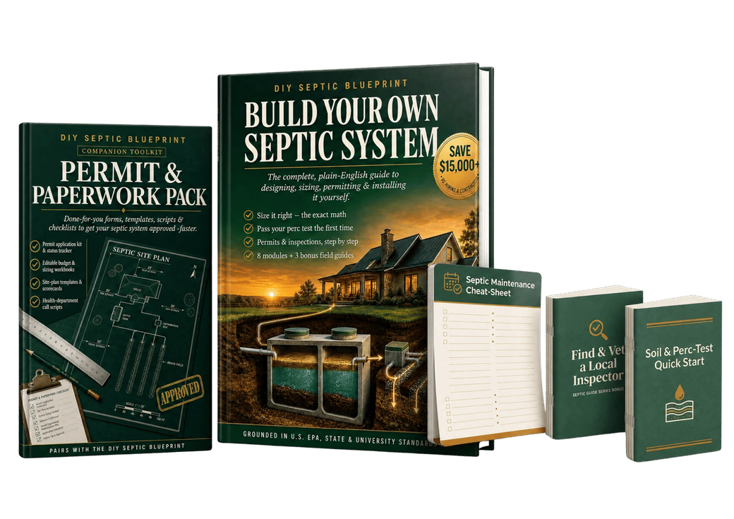 The complete DIY Septic Blueprint bundle — main guide, Permit & Paperwork Pack, and three bonus field guides