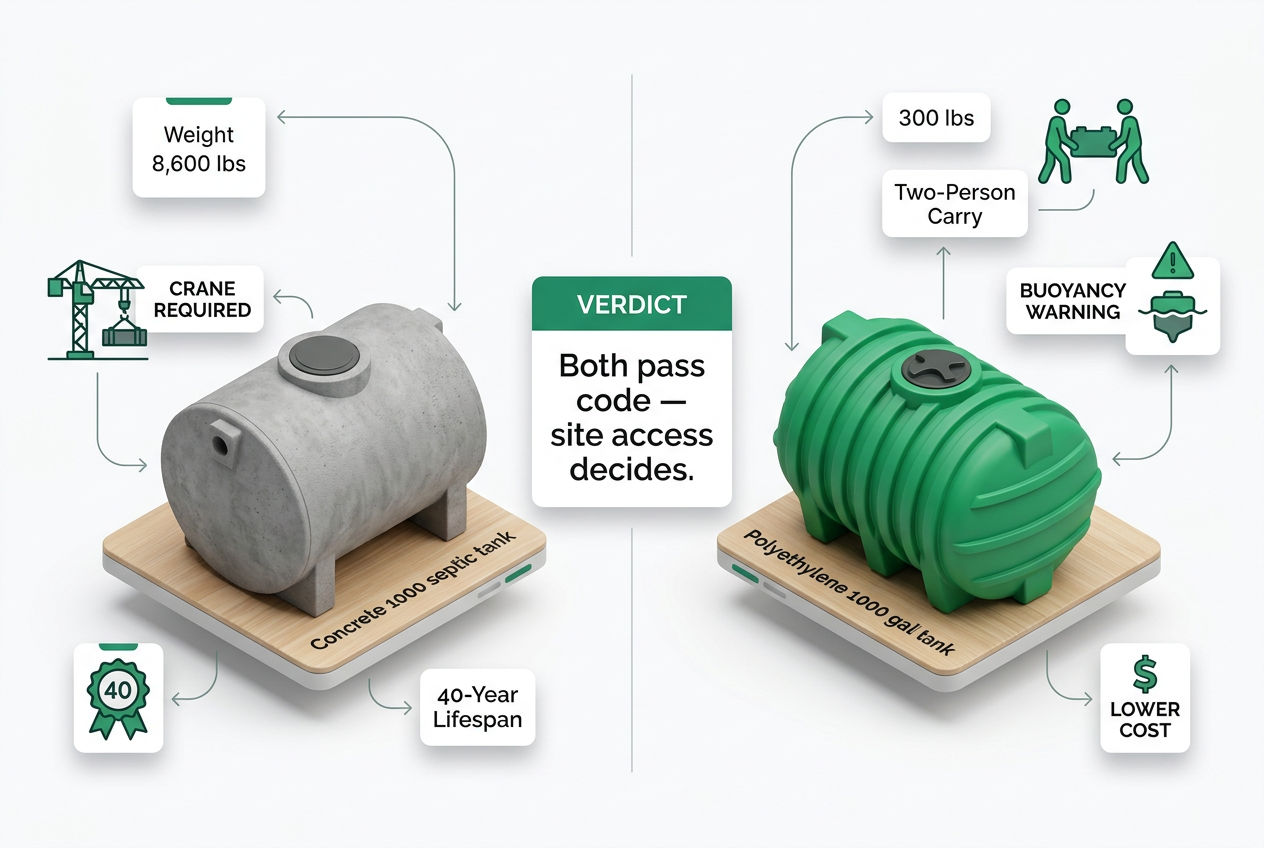 3D comparison of concrete versus plastic 1000-gallon septic tanks