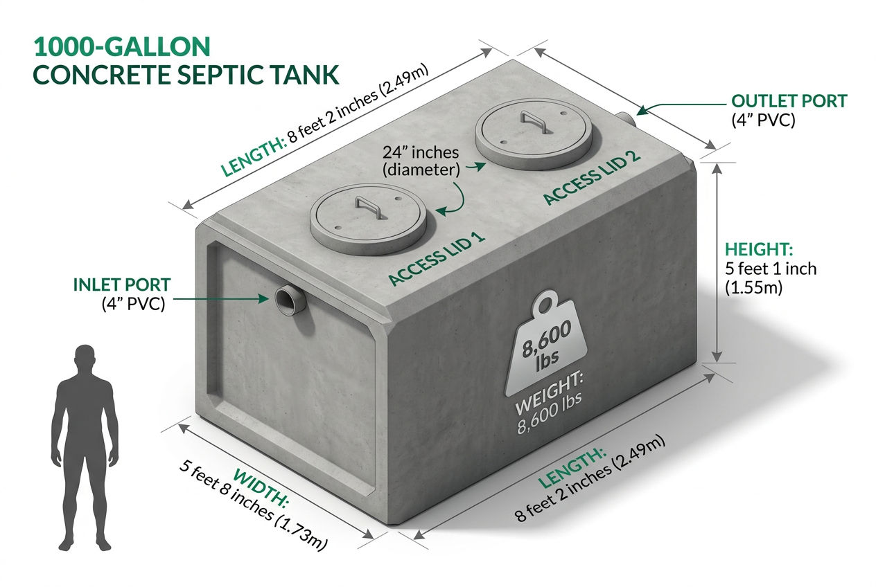 3D dimension diagram of a standard 1000-gallon concrete septic tank