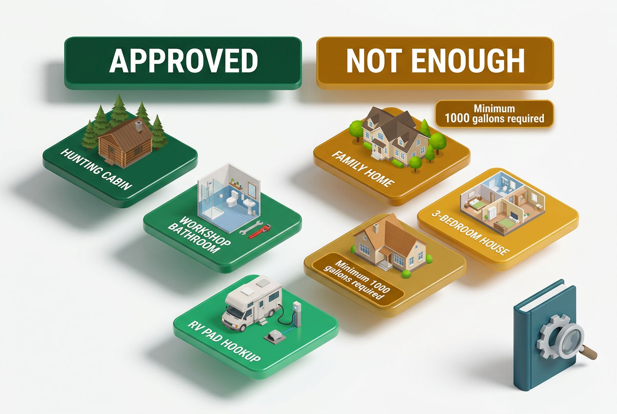 3D matrix of approved and insufficient uses for a 500-gallon septic tank