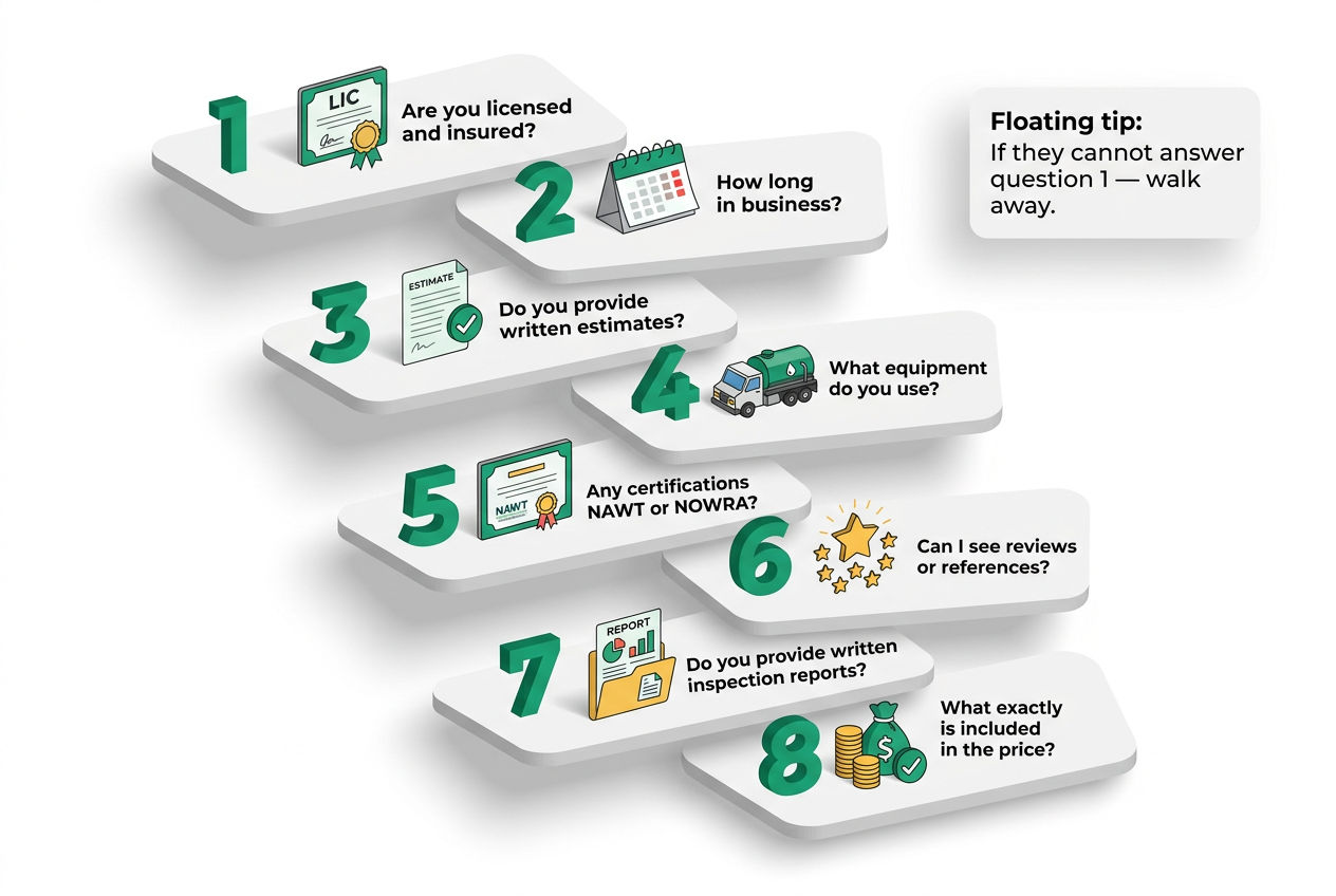 3D visual checklist of eight essential questions to ask when choosing a septic service company