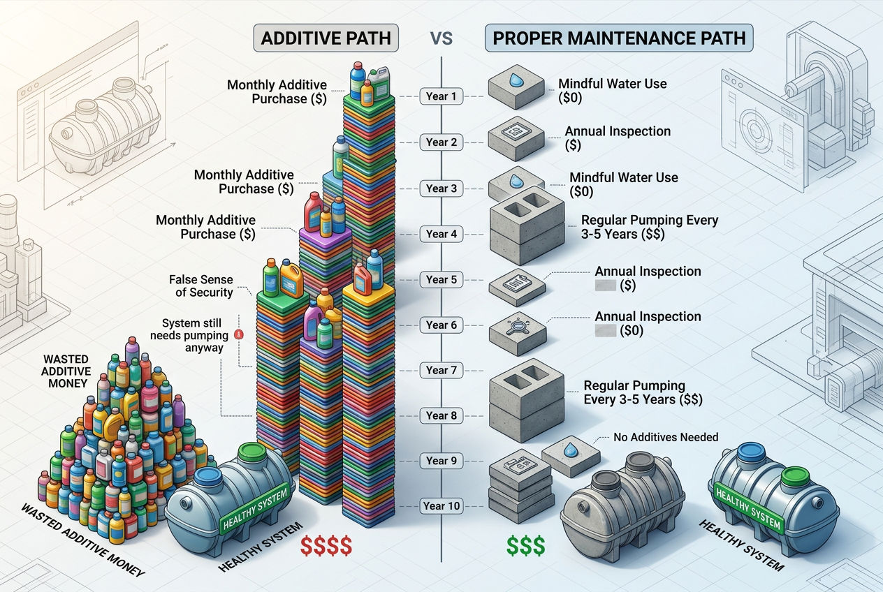 3D ten-year cost comparison showing additive purchases adding unnecessary expense versus proper maintenance alone