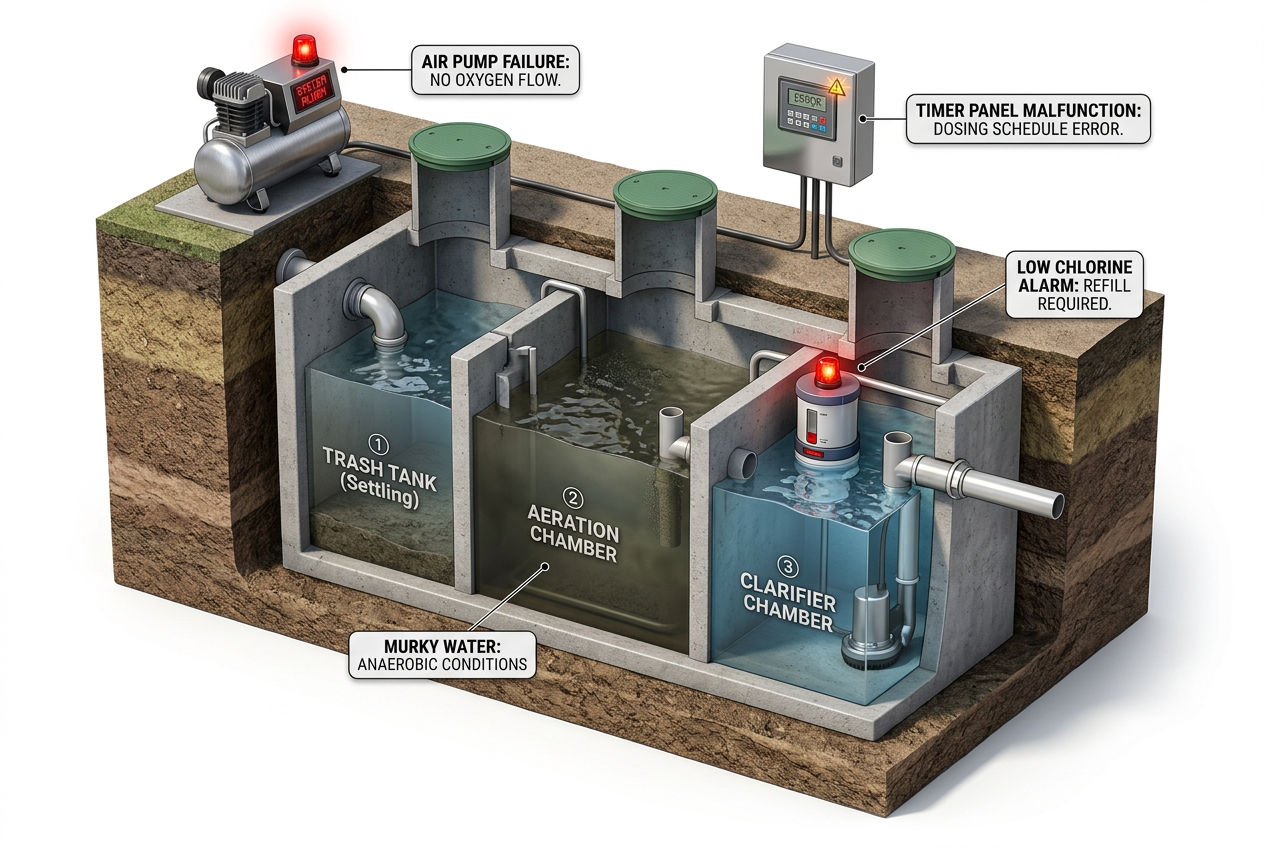 3D cutaway of aerobic septic system showing alarm triggers: failed air pump, low chlorine, and timer malfunction
