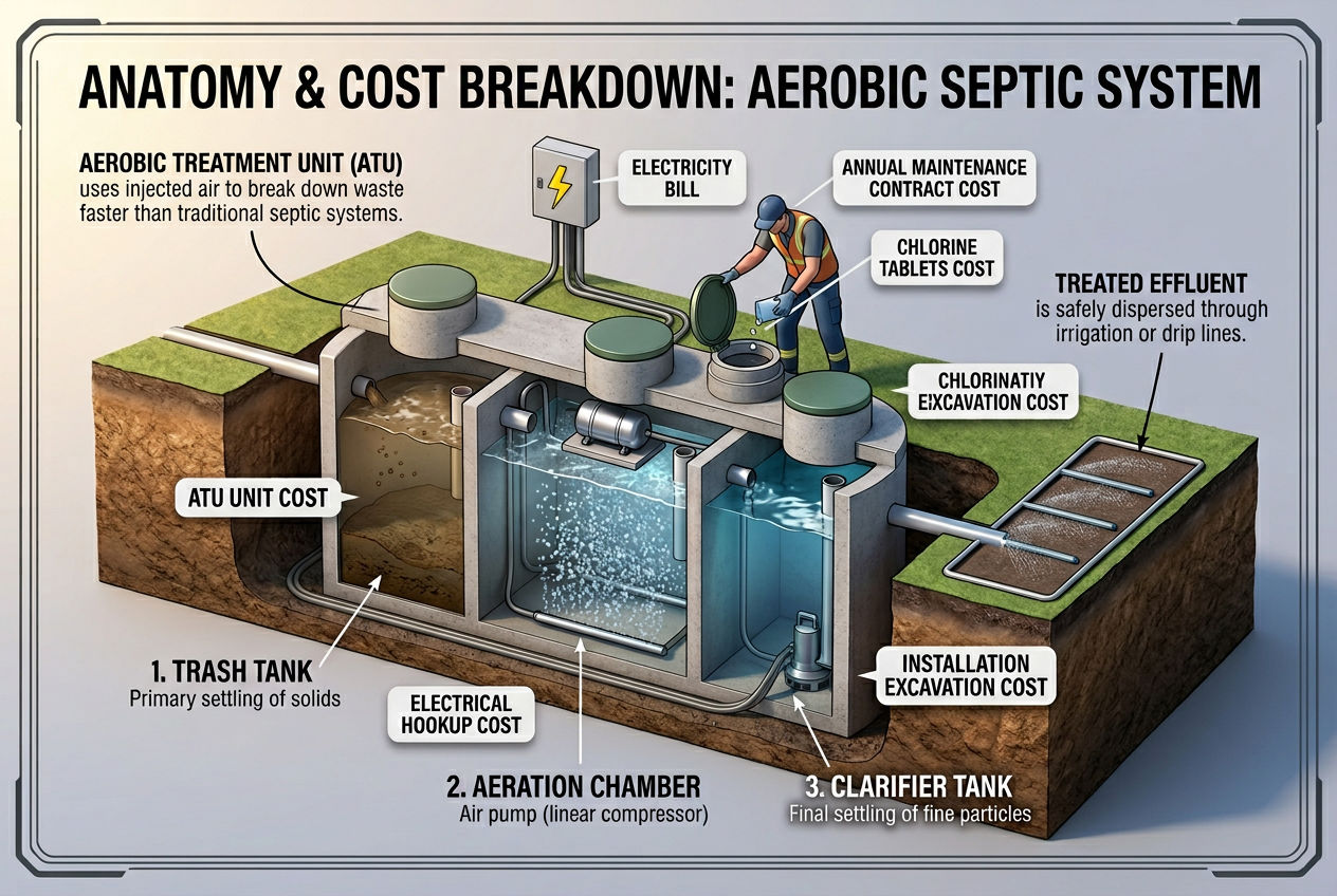 3D cutaway of aerobic septic system showing all three chambers and cost components for installation and maintenance