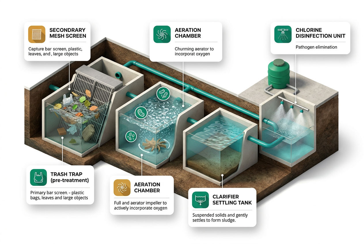 3D isometric cutaway diagram labeling all main aerobic septic system components: trash trap, aeration chamber, clarifier, and disinfection unit.