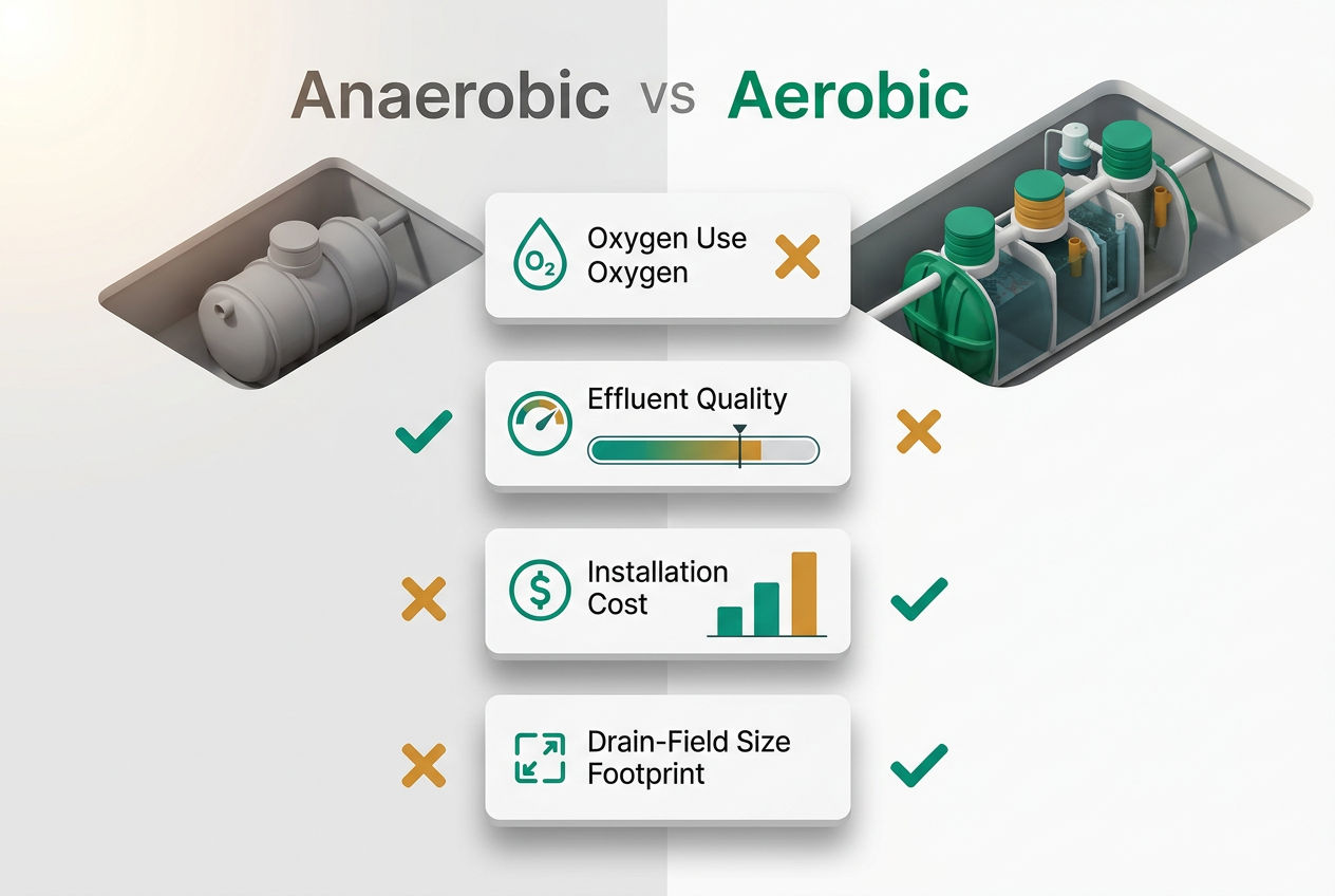 Side-by-side isometric comparison panel contrasting aerobic and anaerobic septic systems with icons for oxygen, treatment quality, cost, and footprint