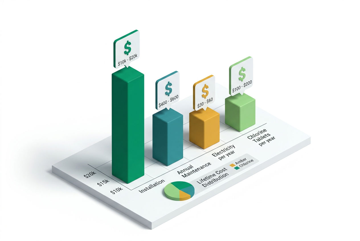 Isometric cost breakdown infographic showing installation, annual maintenance, electricity, and chlorine tablet expenses as 3D bar charts and floating