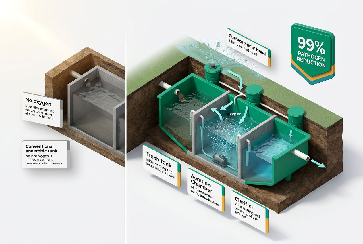 3D isometric cutaway comparing aerobic and anaerobic septic systems side by side, showing oxygen injection, treatment chambers, and spray heads.
