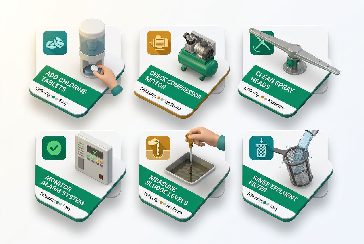 Isometric infographic showing six aerobic septic maintenance task panels: chlorine check, motor inspection, spray head test, alarm test, sludge level,