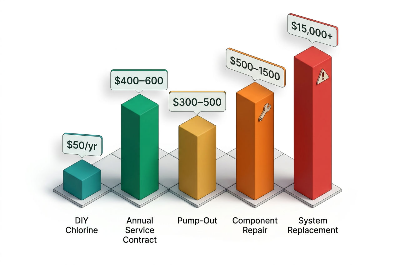 Isometric bar chart comparing aerobic septic maintenance costs: DIY chlorine, annual contract, pump-out, repairs, and neglect penalty costs side by si
