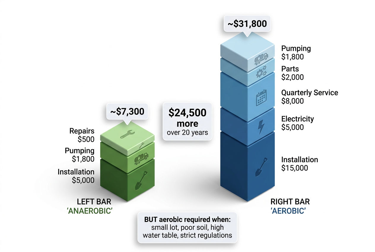 3D stacked bar chart comparing 20-year total cost of anaerobic versus aerobic septic systems