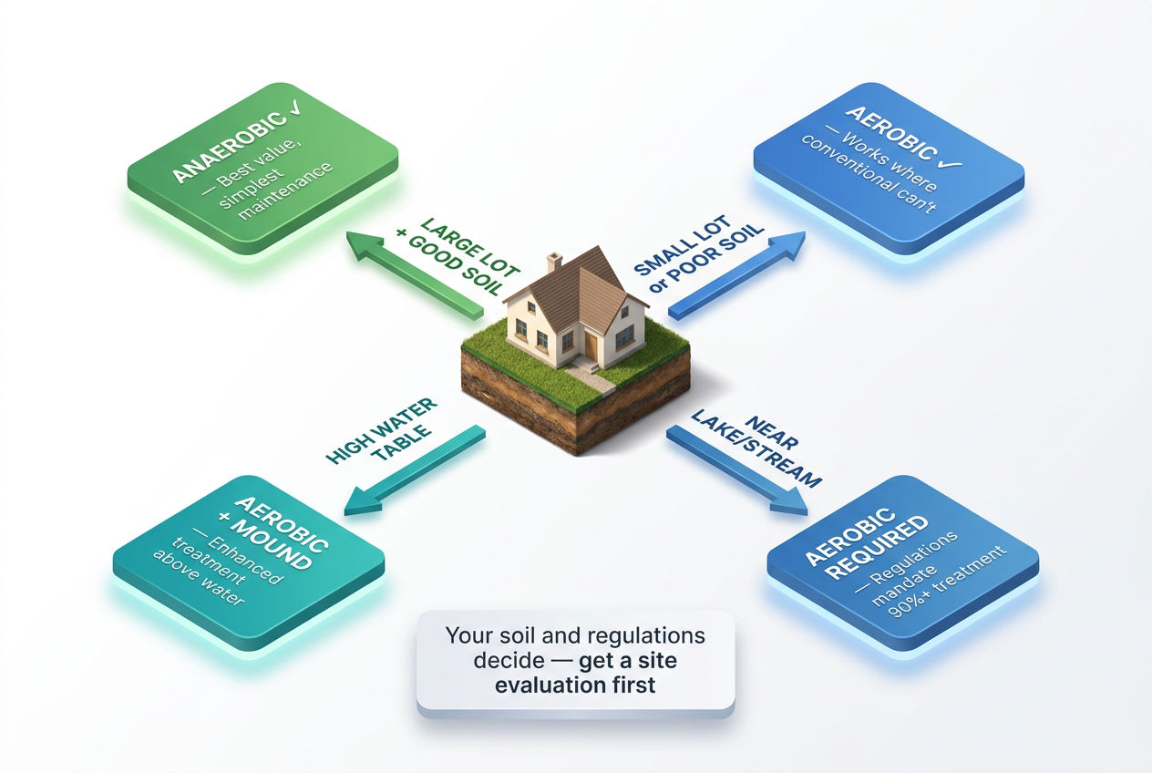 3D decision guide showing which property conditions require aerobic versus anaerobic septic system installation