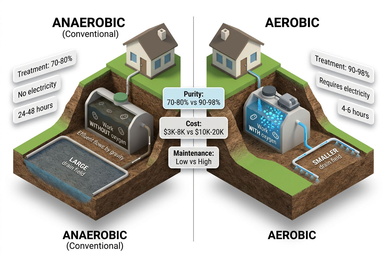 3D side-by-side diagram comparing aerobic and anaerobic septic systems showing treatment process and key differences