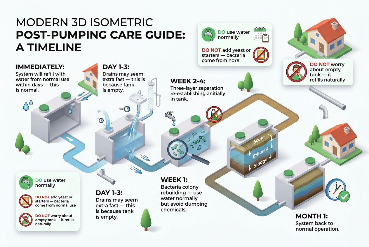 3D post-pumping care timeline showing what to expect and do in the days and weeks after septic pumping