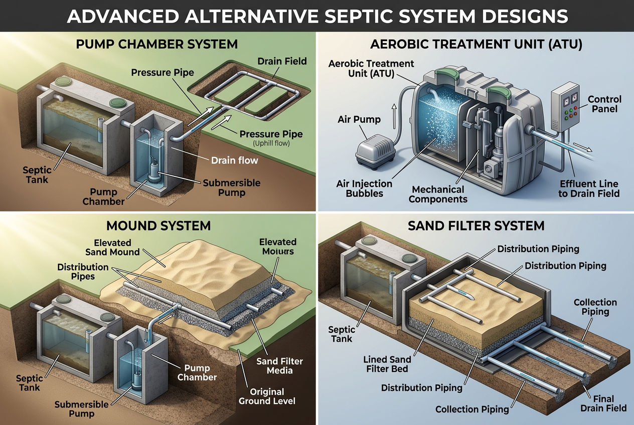 Four alternative septic system diagrams showing pump chamber aerobic treatment mound system and sand filter designs