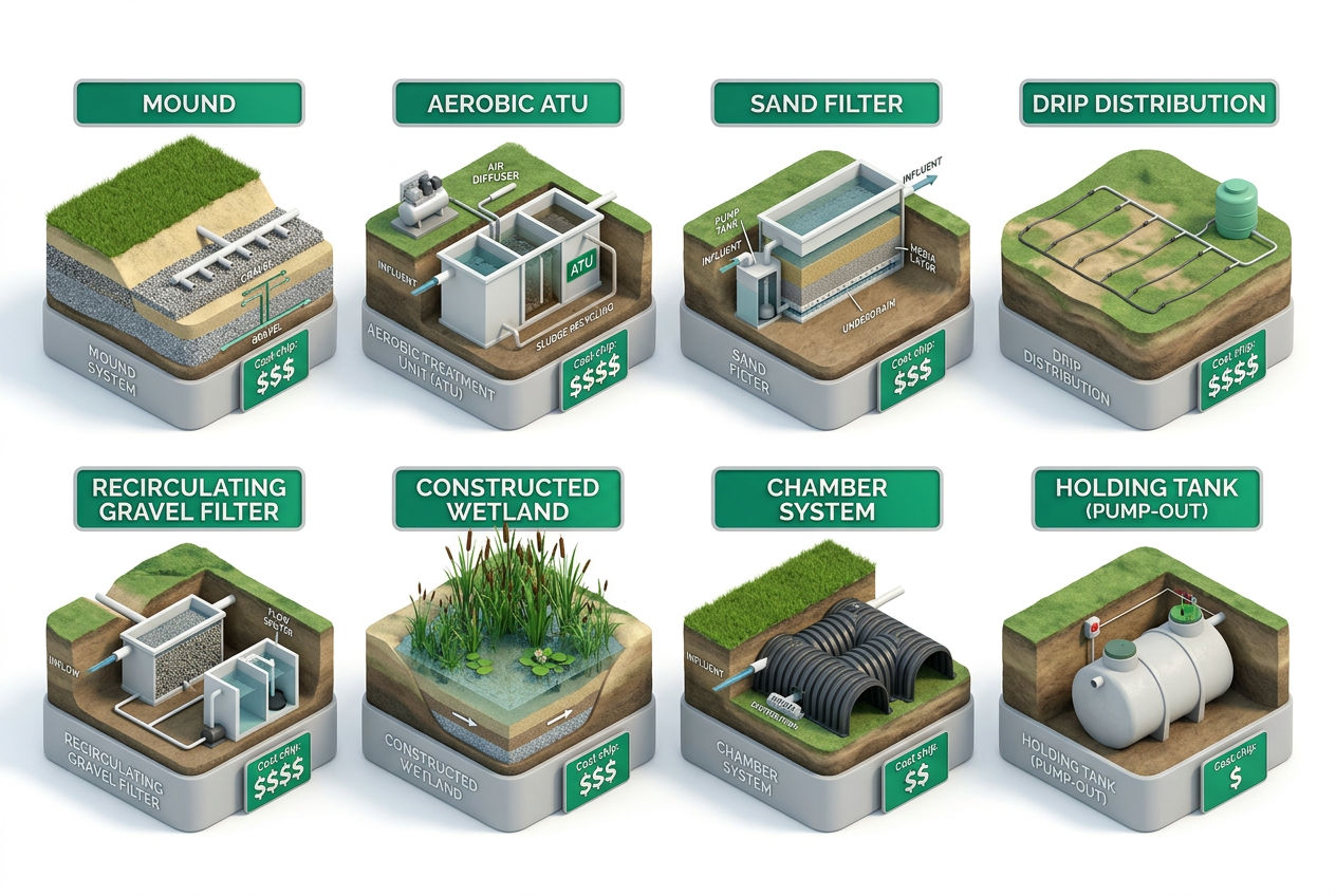 3D grid of eight alternative septic system types with costs