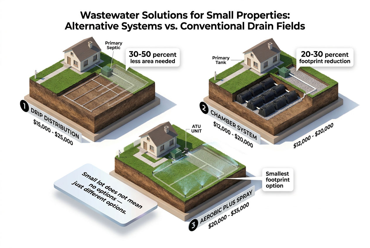 3D comparison of three alternative septic systems for small properties: drip, chamber, and aerobic spray