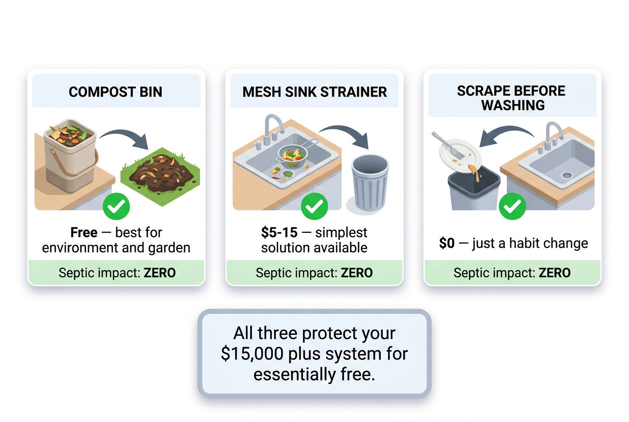 3D comparison of three better alternatives to garbage disposals for septic homes: composting, strainers, scraping