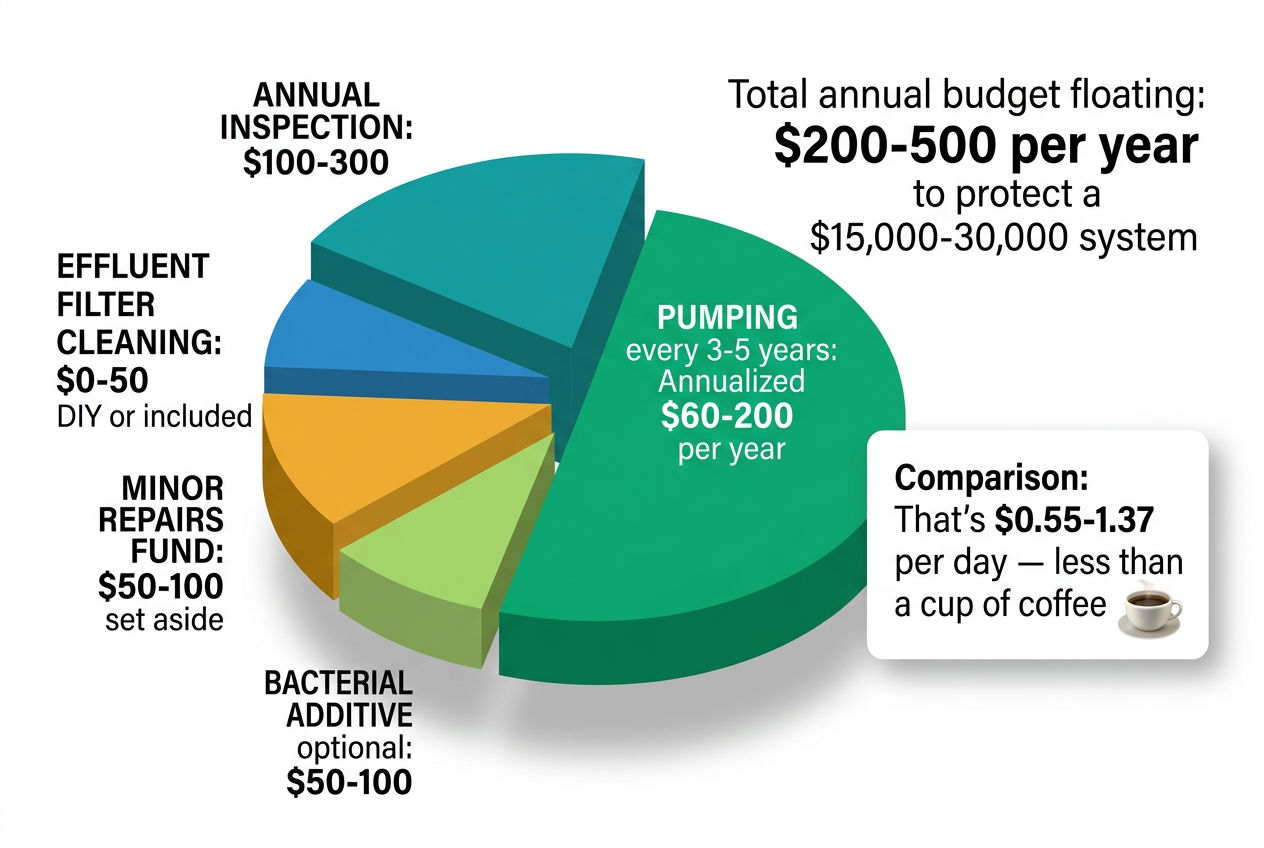 3D exploded pie chart showing annual septic system maintenance cost breakdown totaling $200-500 per year