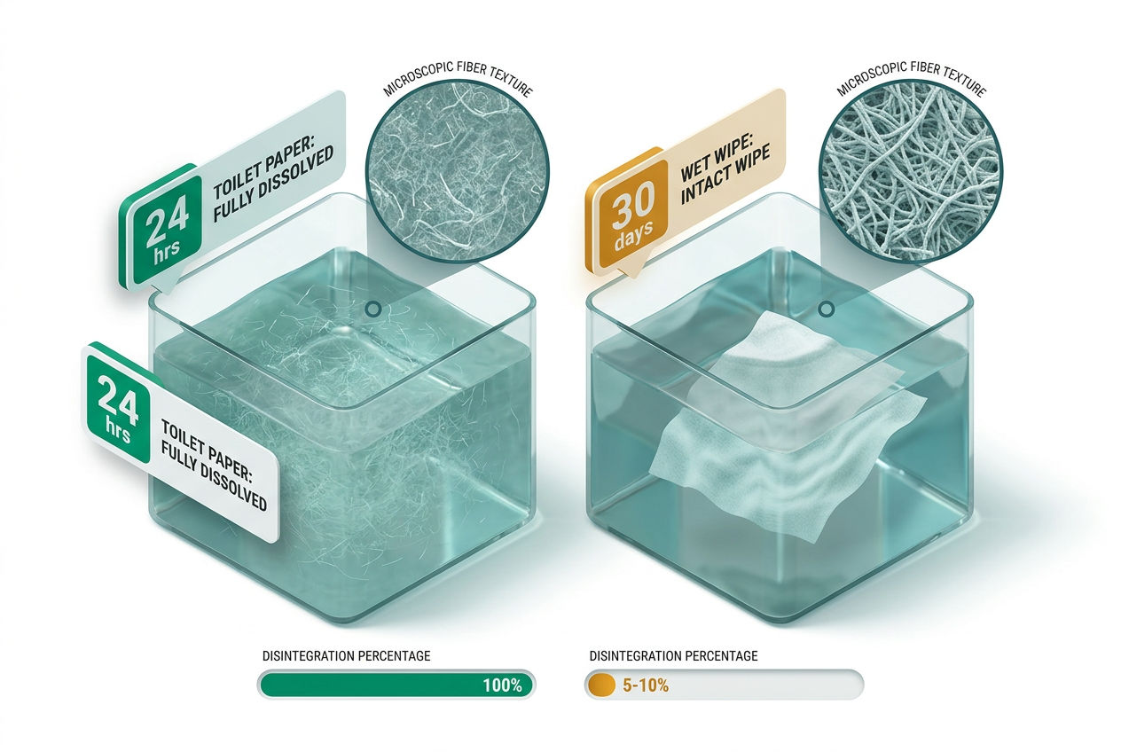 3D isometric comparison showing toilet paper dissolving in 24 hours vs flushable wipe remaining intact after 30 days in septic tank.
