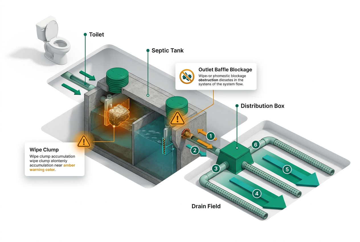 Cutaway isometric diagram of a septic system showing wipes accumulating in tank, blocking baffles, and clogging outlet pipes.