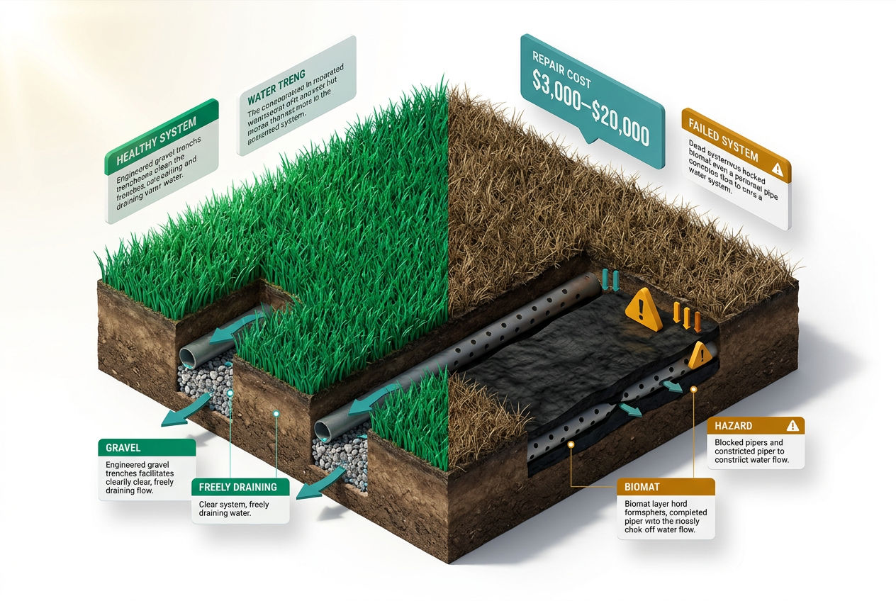 Isometric split-scene comparing healthy drain field soil absorption versus clogged biomat-covered drain field caused by flushed wipes.