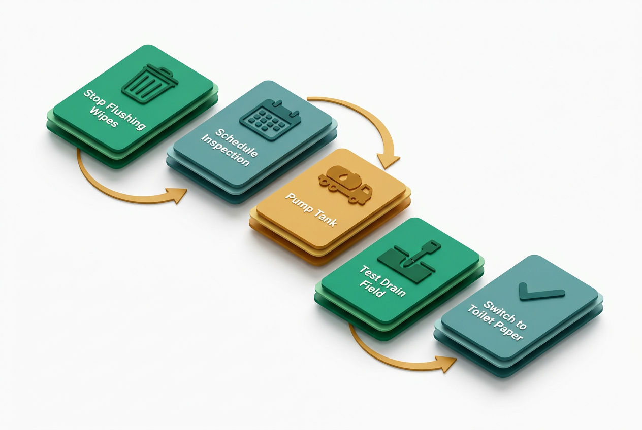 Isometric step-flow checklist with 5 action cards: stop flushing wipes, schedule inspection, pump tank, test drain field, switch to toilet paper.