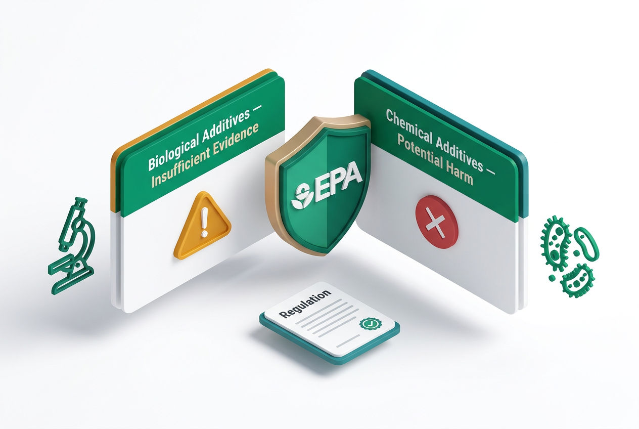 3D isometric infographic showing EPA ruling on septic additives with approval/rejection icons and regulatory summary cards.
