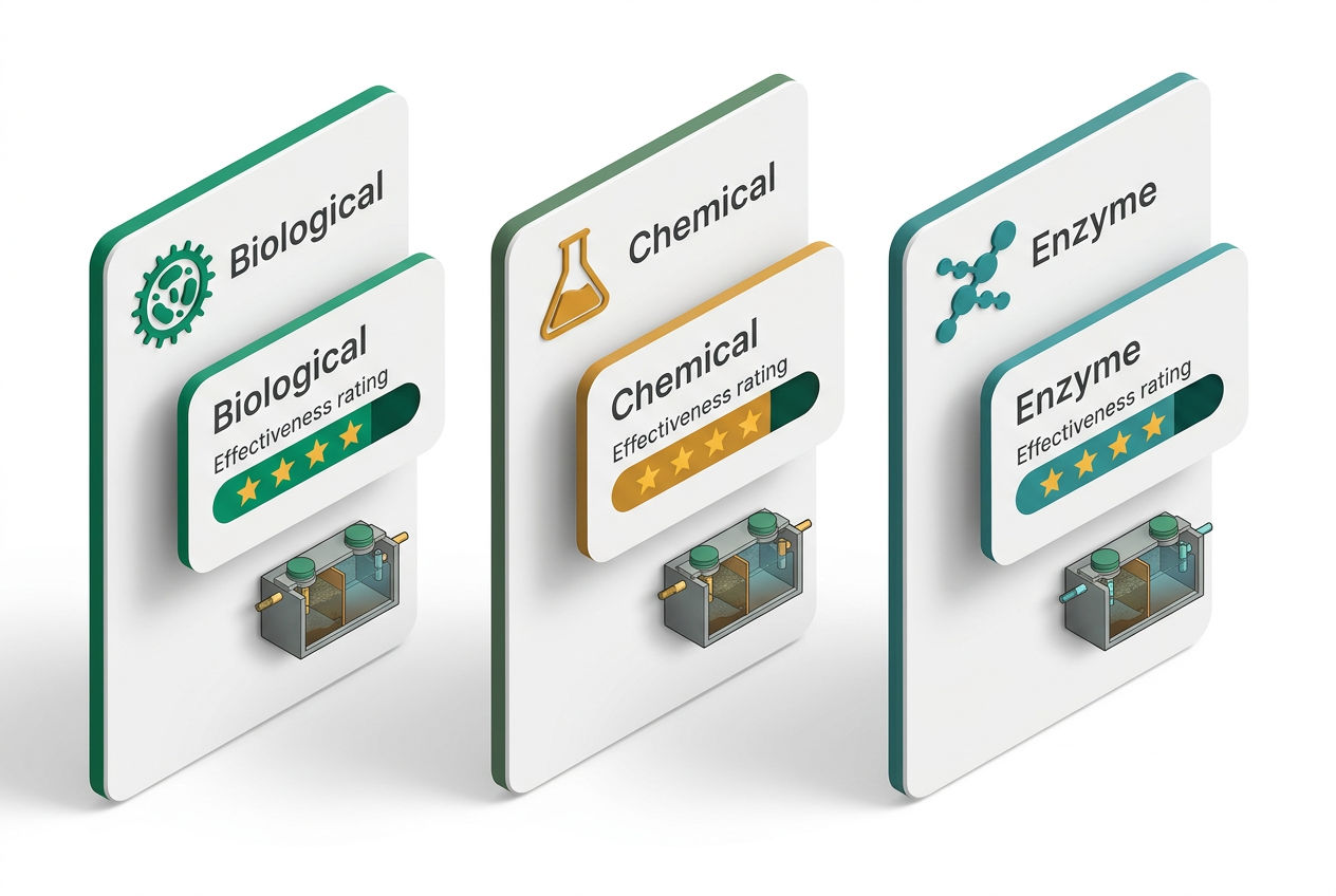 Isometric triptych showing biological, chemical, and enzyme septic treatment types with icons, labels, and effectiveness ratings.