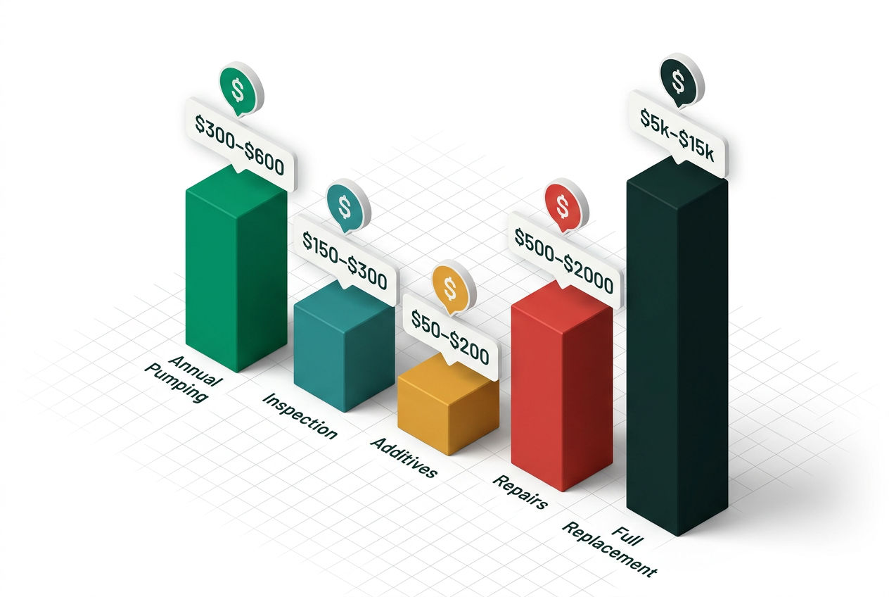 Isometric bar chart comparing annual septic maintenance costs including pumping, inspection, and additive expenses side by side.