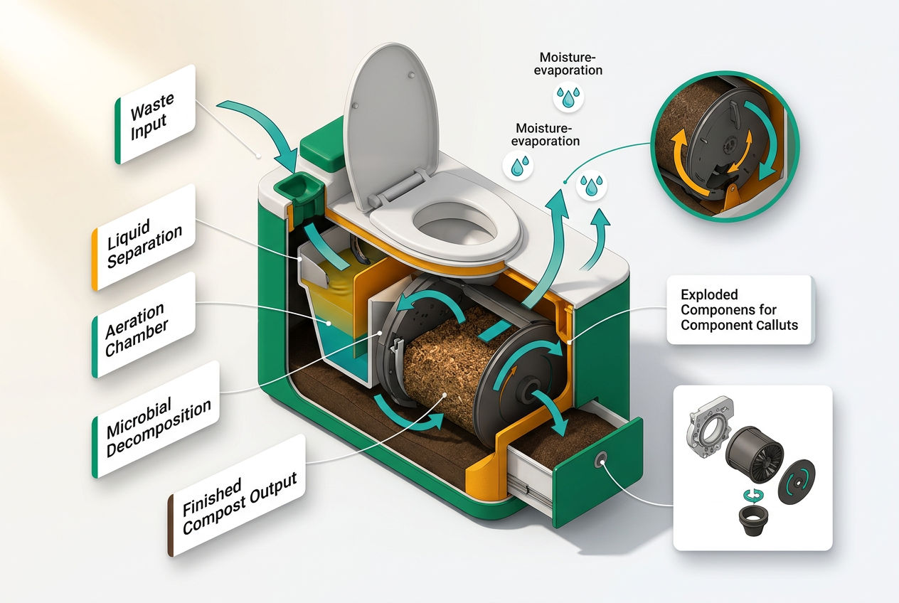 3D isometric cutaway diagram showing composting toilet's 5-stage waste decomposition process with labeled chambers and airflow arrows.