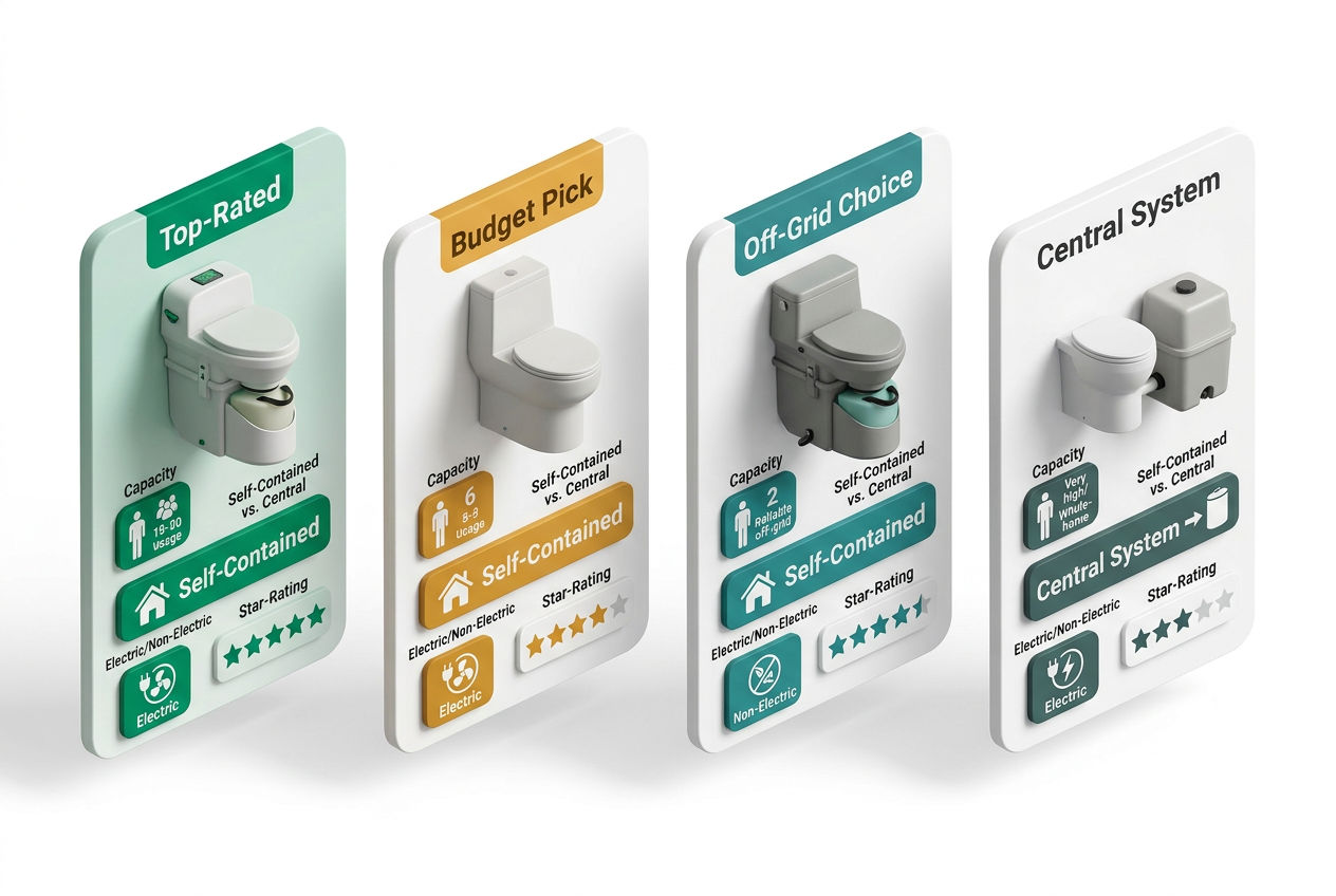 Isometric comparison of four top composting toilet models with spec badges showing capacity, price tier, and installation type ratings.
